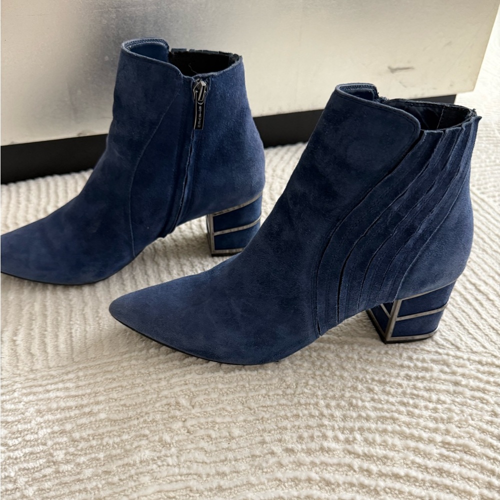 Women's Suede ankle bootie with metal caged heel